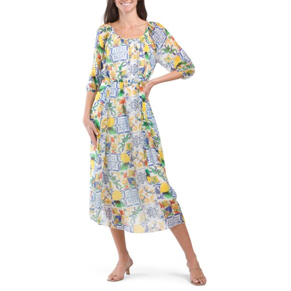 BELLAMBRA Yellow Multi Made In Italy Silk Blend Sicilian Lemon Maxi Dress - Picture 1 of 2